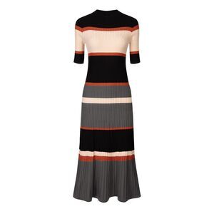 Striped Dress Short Sleeve Midi Knitted Ribbed Dresses Orange